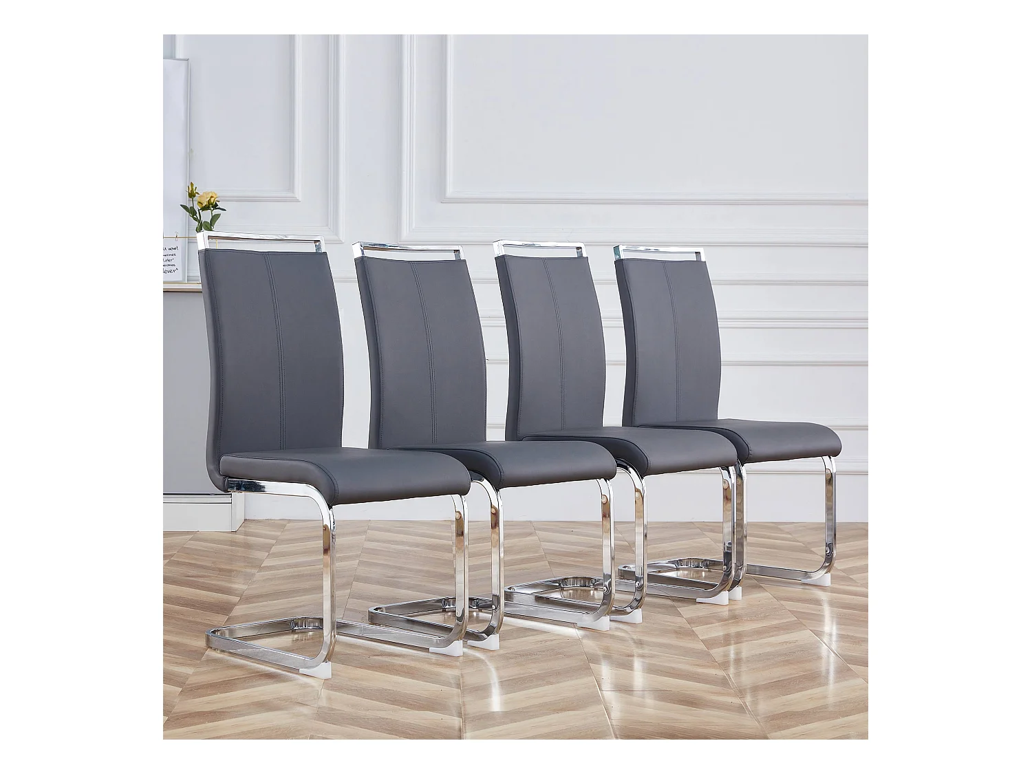 Lot de 4 chaises cantilevers en PU gris avec cadre en métal argenté