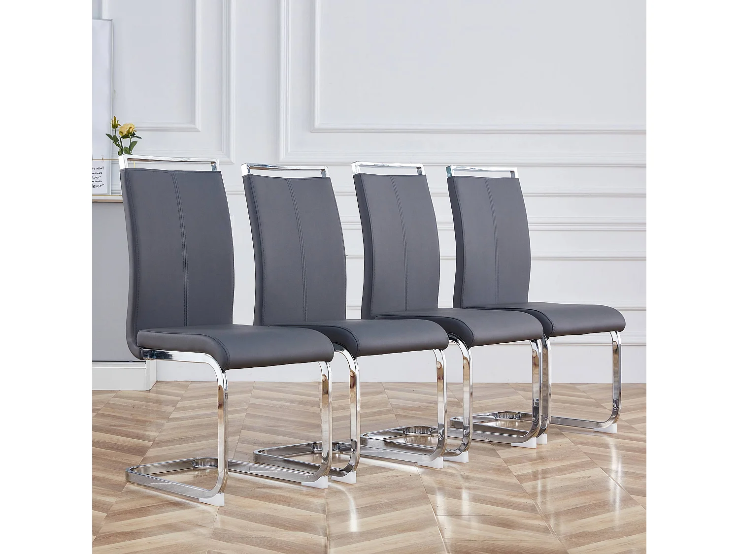Lot de 4 chaises cantilevers en PU gris avec cadre en métal argenté