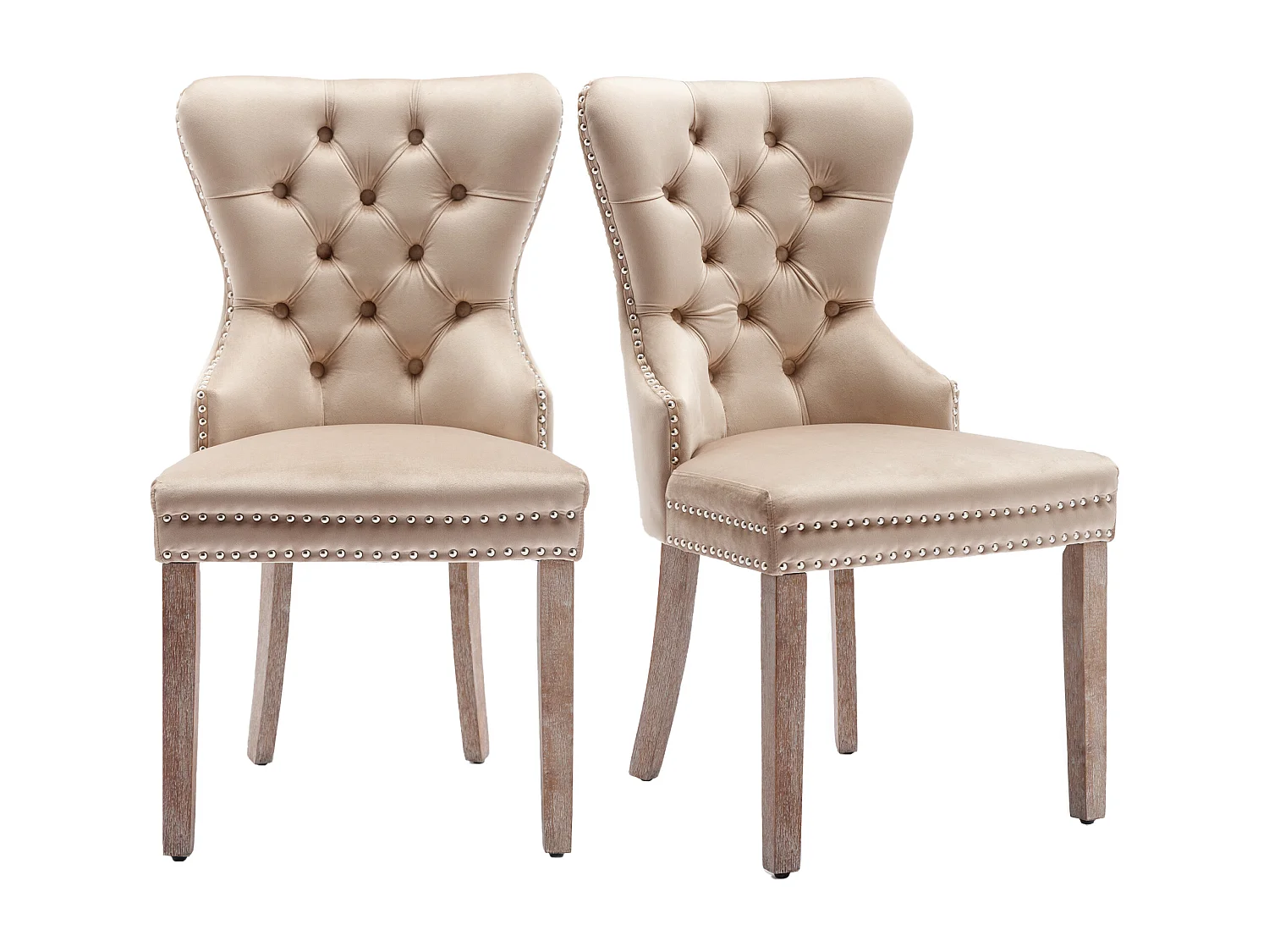Lot de 2 Chaises de cuisine en velours Beige avec détails cloutés argentés, pieds en bois marron
