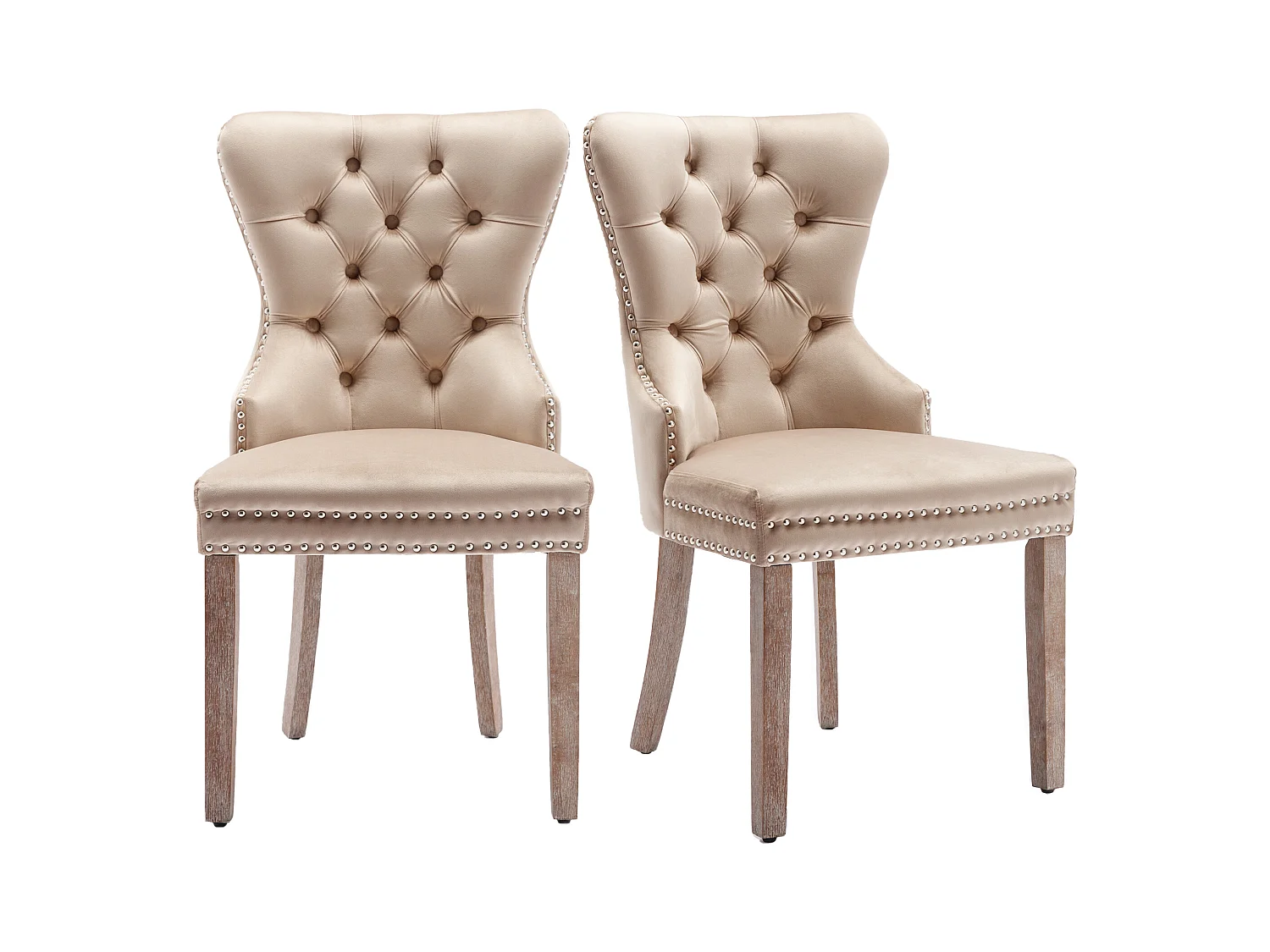 Lot de 2 Chaises de cuisine en velours Beige avec détails cloutés argentés, pieds en bois marron
