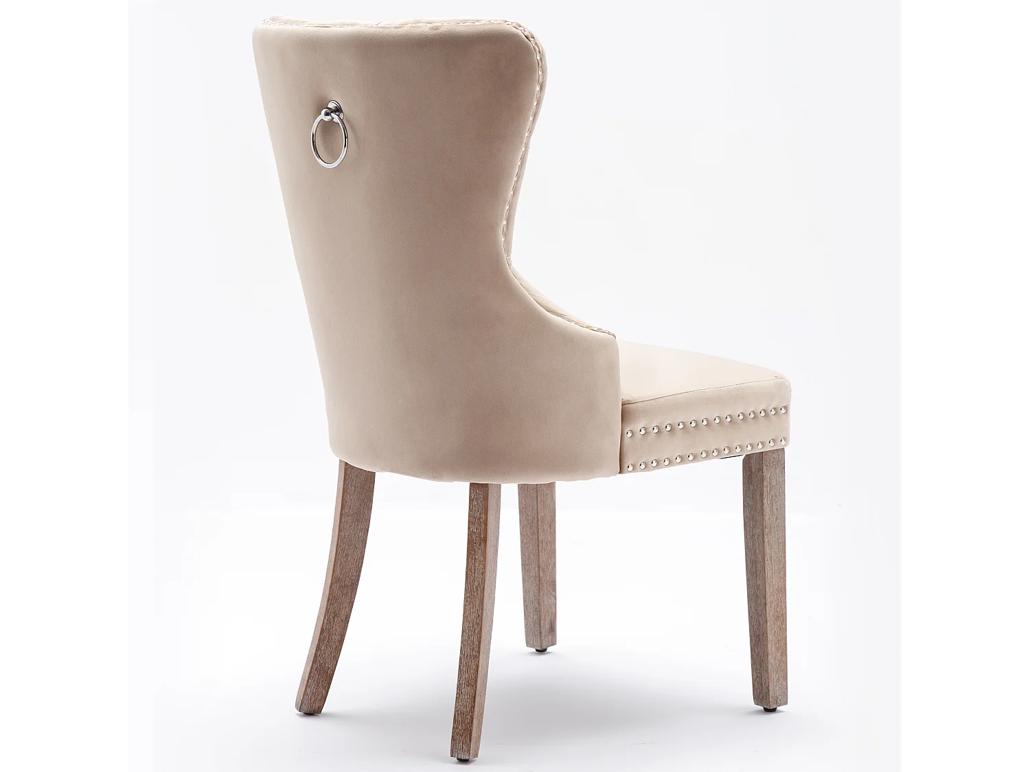 Lot de 2 Chaises de cuisine en velours Beige avec détails cloutés argentés, pieds en bois marron