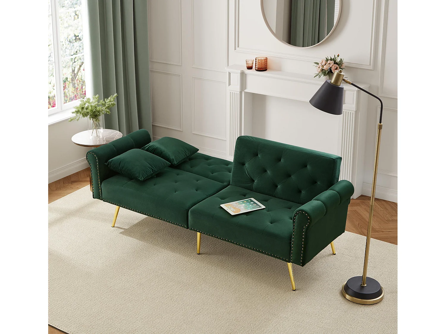 Sofá cama recto de 2 plazas en terciopelo verde, respaldo abatible en 3 posiciones - 173x75x70cm