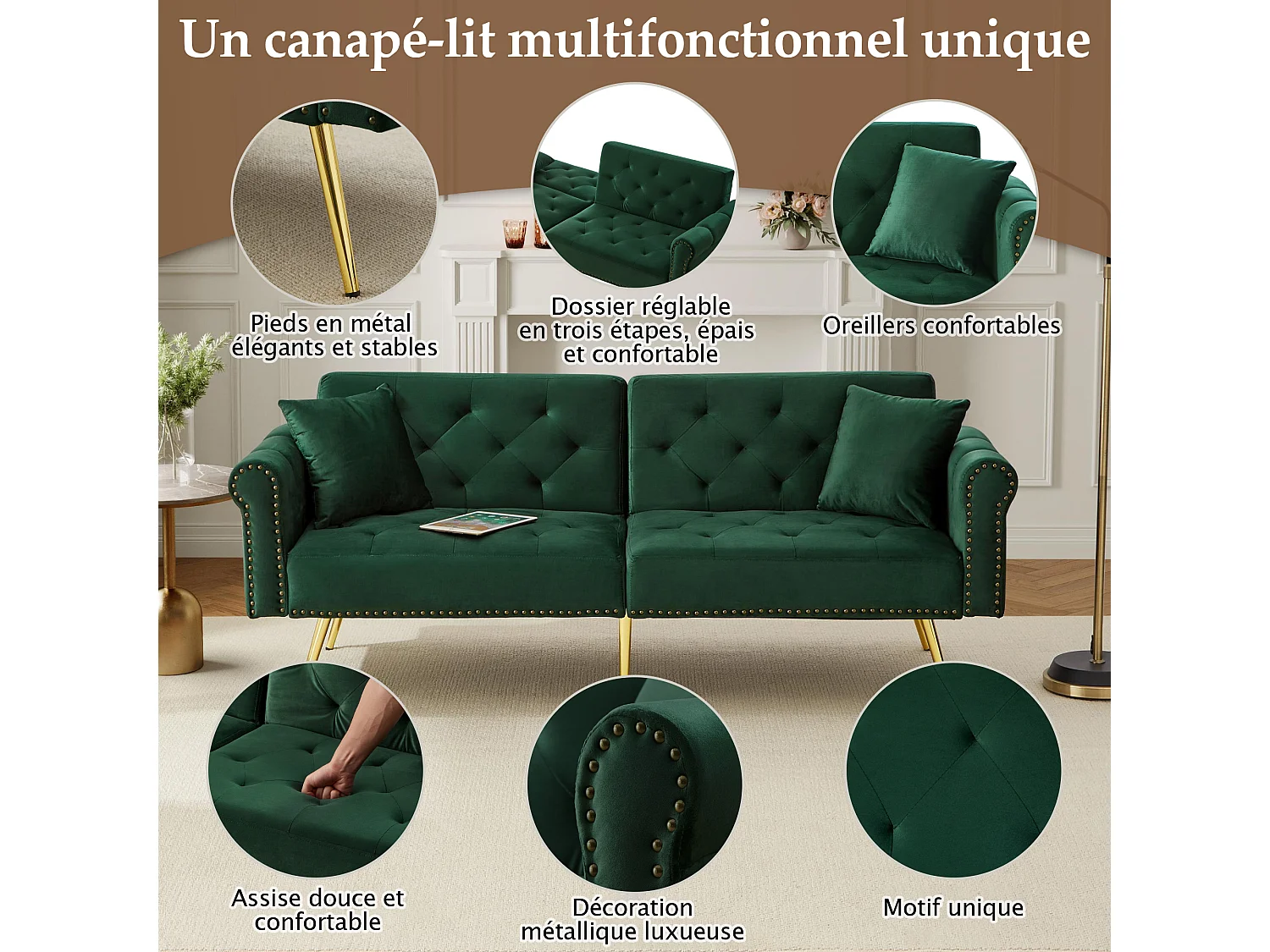 Sofá cama recto de 2 plazas en terciopelo verde, respaldo abatible en 3 posiciones - 173x75x70cm