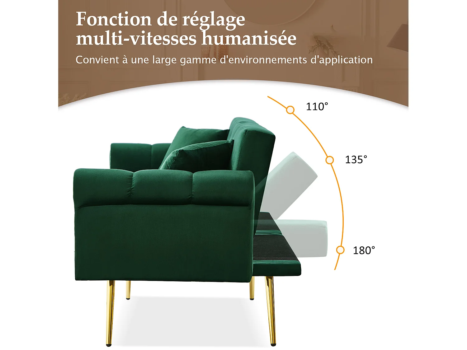 Sofá cama recto de 2 plazas en terciopelo verde, respaldo abatible en 3 posiciones - 173x75x70cm