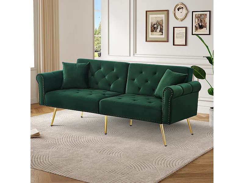 2-zits rechte slaapbank in groen fluweel, 3-positie neerklapbare rugleuning - 173x75x70cm