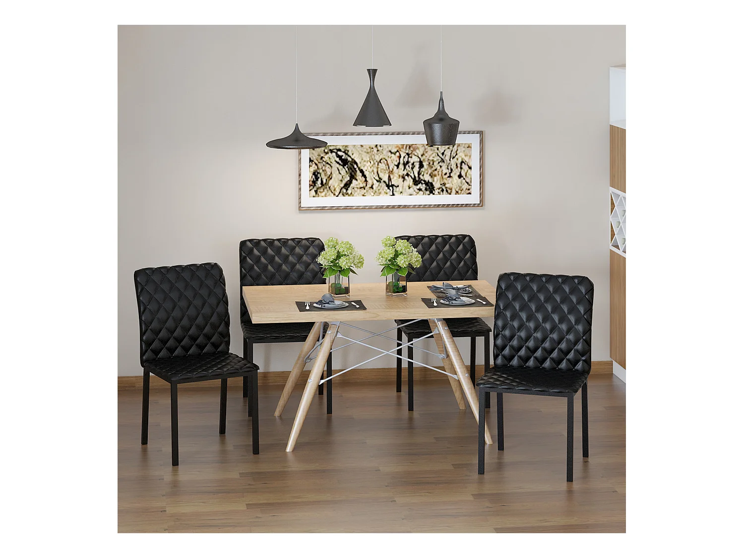 Lot de 4 chaises de cuisine rembourrés en similicuir noir