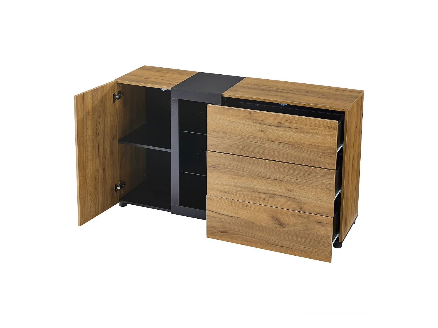 Credenza da cucina 140x40x80cm con 3 cassetti, 1 anta e 3 ripiani in vetro, LED incluso, corpo in impiallacciato effetto legno naturale e nero