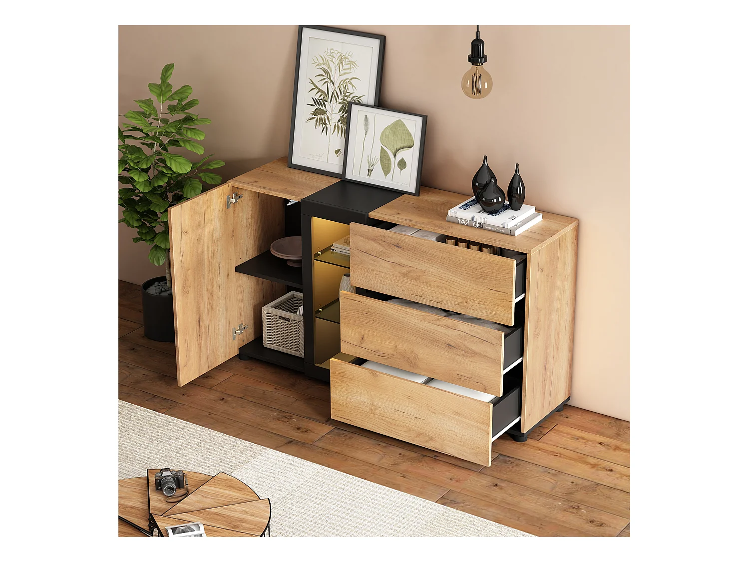 Credenza da cucina 140x40x80cm con 3 cassetti, 1 anta e 3 ripiani in vetro, LED incluso, corpo in impiallacciato effetto legno naturale e nero