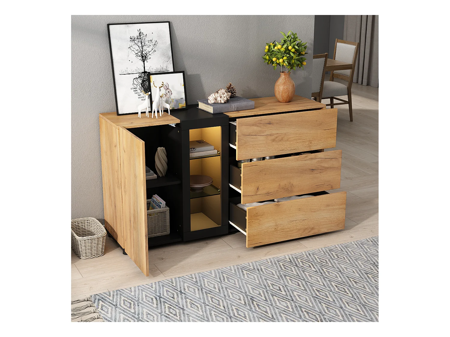 Credenza da cucina 140x40x80cm con 3 cassetti, 1 anta e 3 ripiani in vetro, LED incluso, corpo in impiallacciato effetto legno naturale e nero