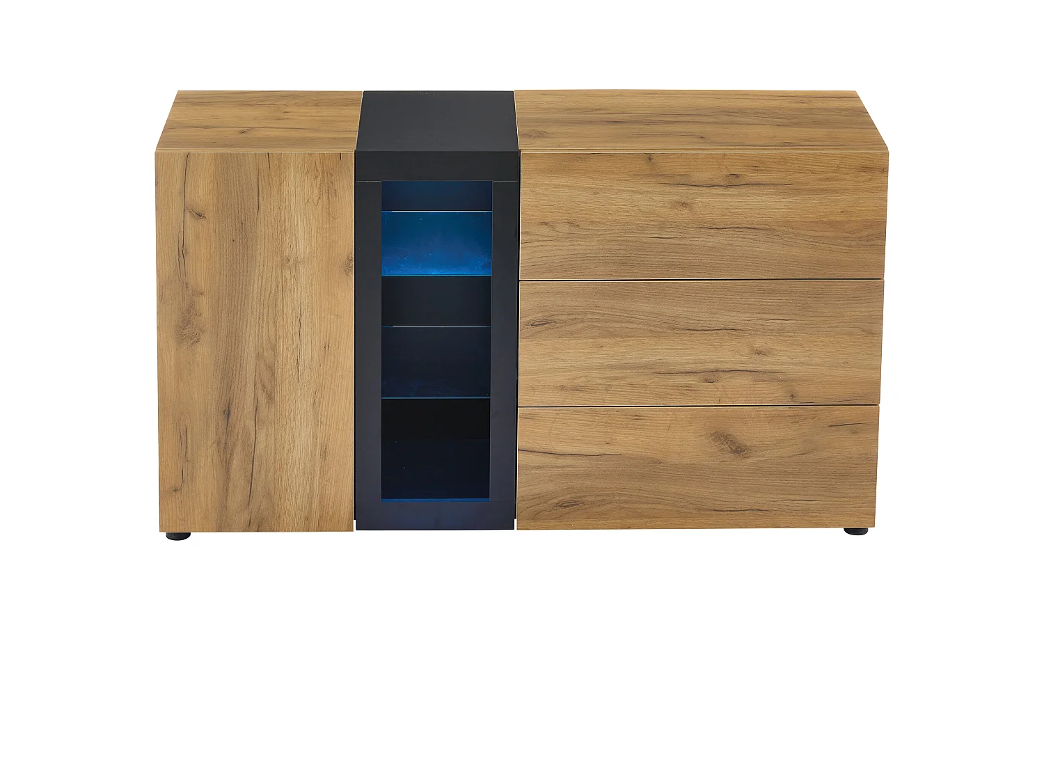 Credenza da cucina 140x40x80cm con 3 cassetti, 1 anta e 3 ripiani in vetro, LED incluso, corpo in impiallacciato effetto legno naturale e nero