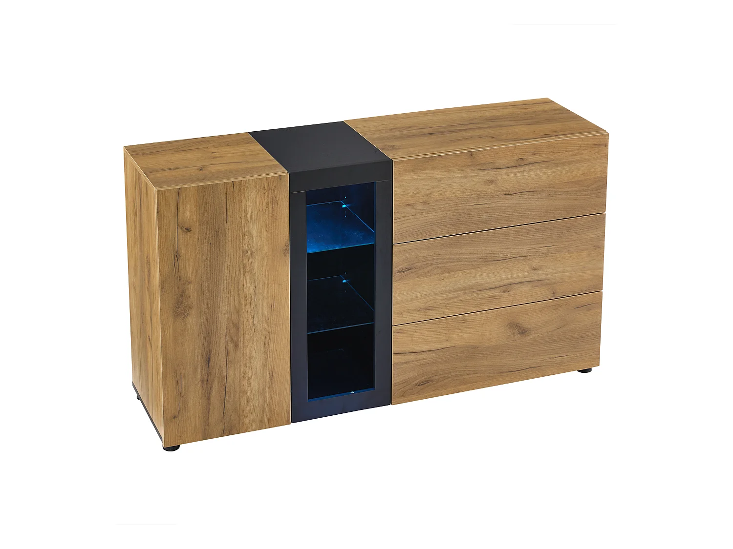 Credenza da cucina 140x40x80cm con 3 cassetti, 1 anta e 3 ripiani in vetro, LED incluso, corpo in impiallacciato effetto legno naturale e nero