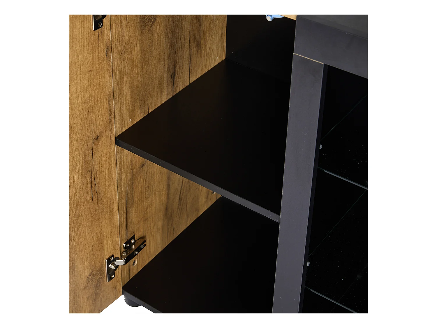 Credenza da cucina 140x40x80cm con 3 cassetti, 1 anta e 3 ripiani in vetro, LED incluso, corpo in impiallacciato effetto legno naturale e nero