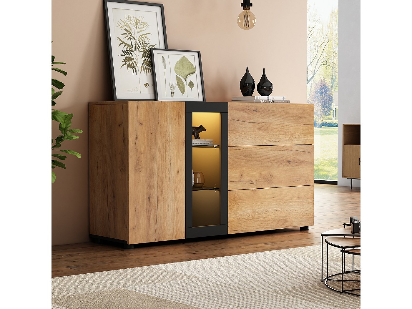en.casa] Comò con Ante in Vetro Scanalato Credenza in Acciaio per Soggiorno Mobile Vetrinetta con Scomparto Diviso 84x64x35 cm Nero