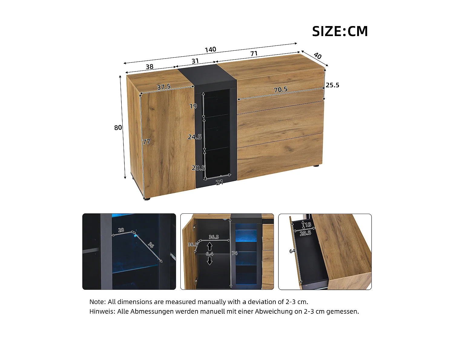 Aparador de cozinha 140x40x80cm com 3 gavetas, 1 porta e 3 prateleiras de vidro, LED incluído, corpo em folheado de madeira natural e preto