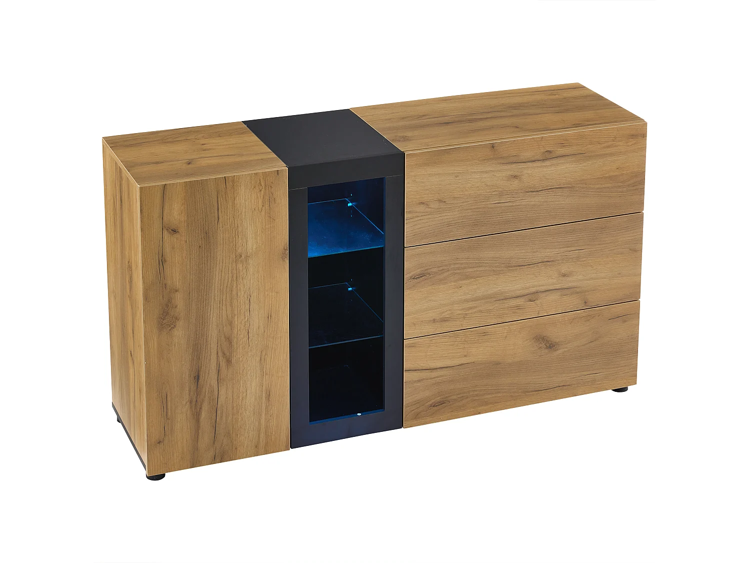 Aparador de cozinha 140x40x80cm com 3 gavetas, 1 porta e 3 prateleiras de vidro, LED incluído, corpo em folheado de madeira natural e preto