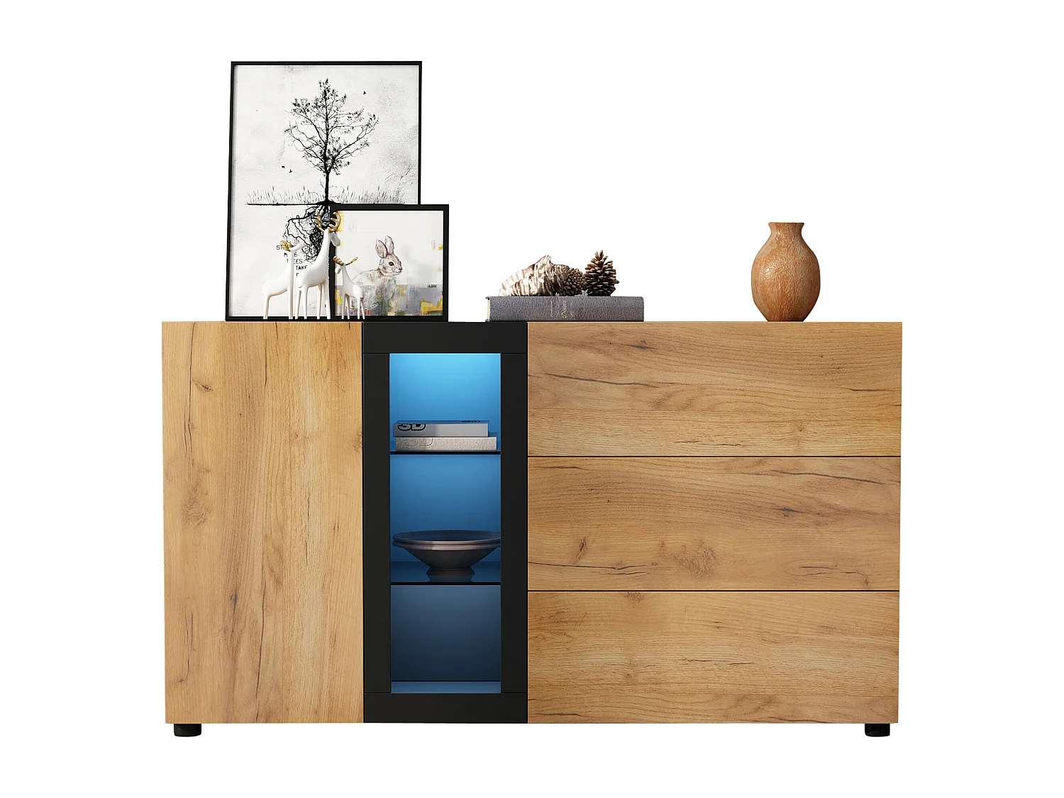 Credenza da cucina 140x40x80cm con 3 cassetti, 1 anta e 3 ripiani in vetro, LED incluso, corpo in impiallacciato effetto legno naturale e nero