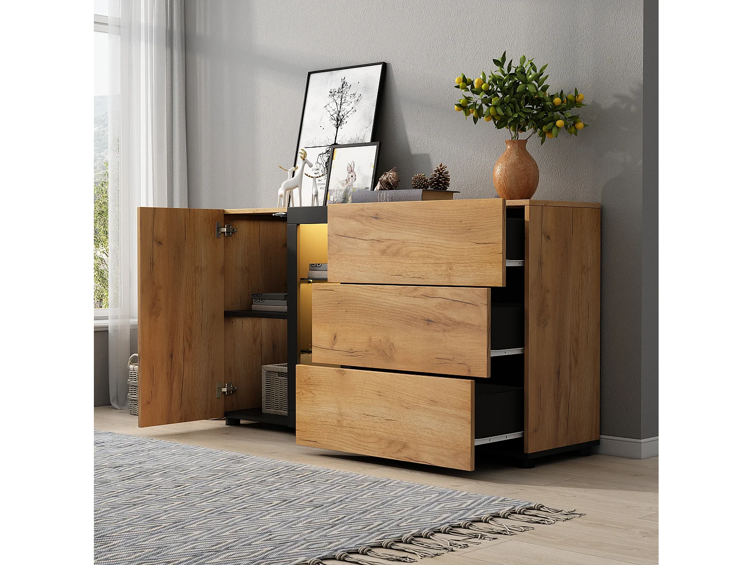 Credenza da cucina 140x40x80cm con 3 cassetti, 1 anta e 3 ripiani in vetro, LED incluso, corpo in impiallacciato effetto legno naturale e nero