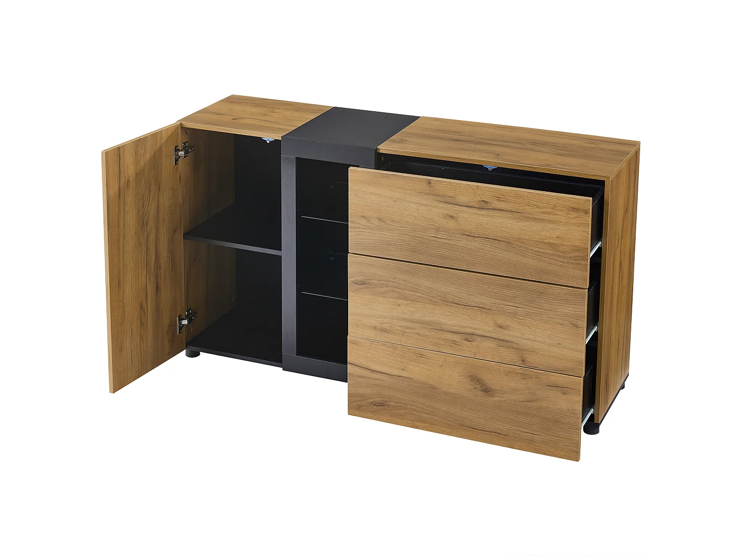 Credenza da cucina 140x40x80cm con 3 cassetti, 1 anta e 3 ripiani in vetro, LED incluso, corpo in impiallacciato effetto legno naturale e nero