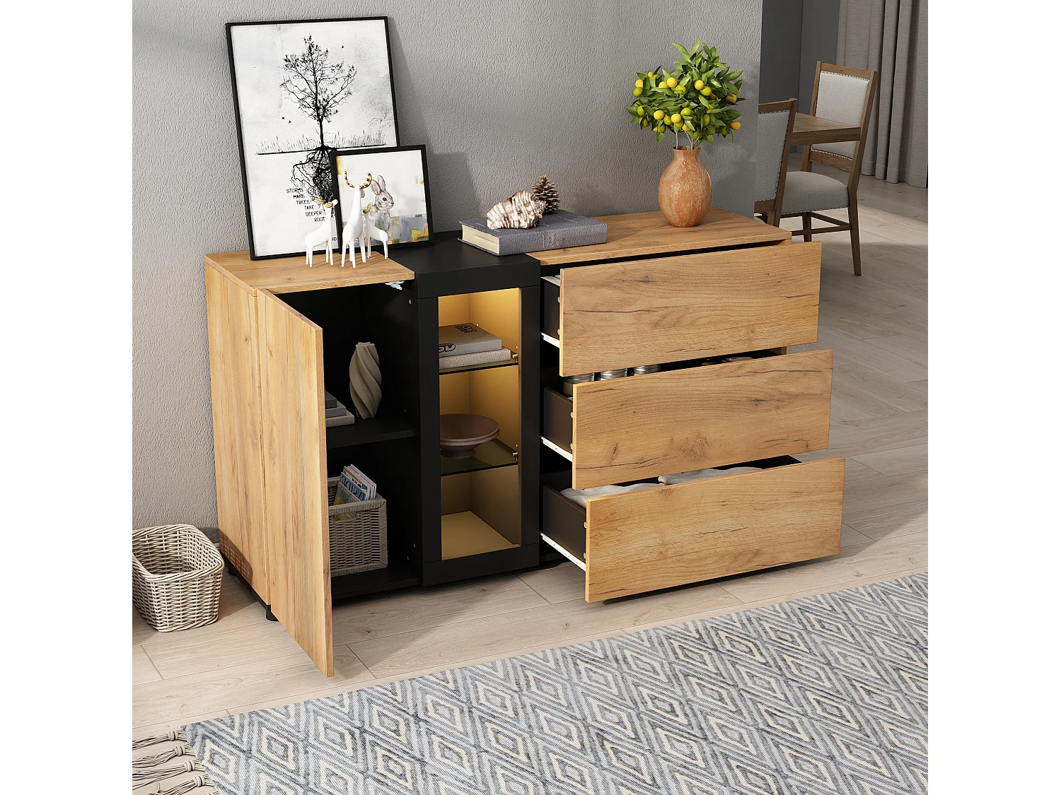 Credenza da cucina 140x40x80cm con 3 cassetti, 1 anta e 3 ripiani in vetro, LED incluso, corpo in impiallacciato effetto legno naturale e nero