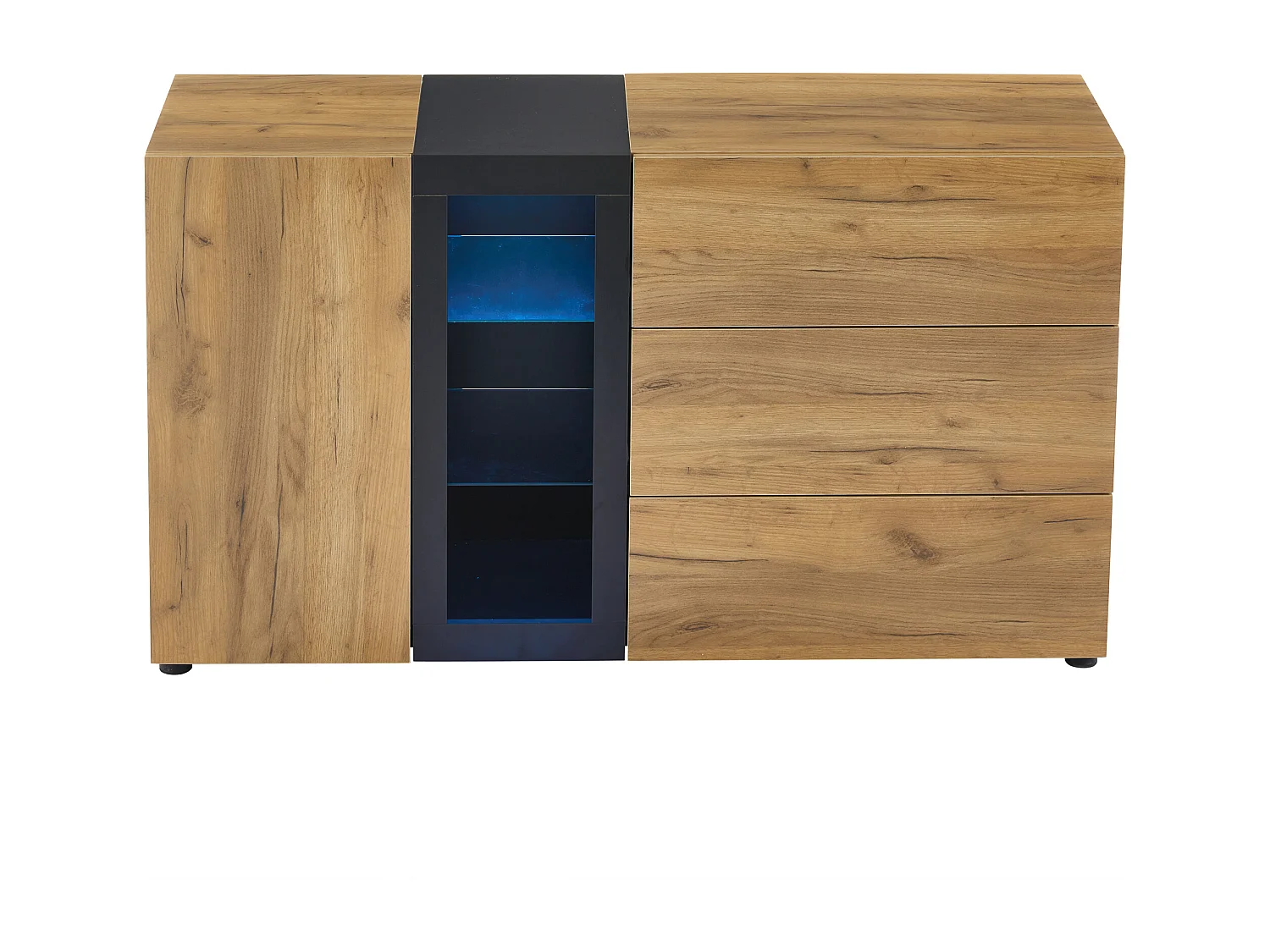 Credenza da cucina 140x40x80cm con 3 cassetti, 1 anta e 3 ripiani in vetro, LED incluso, corpo in impiallacciato effetto legno naturale e nero