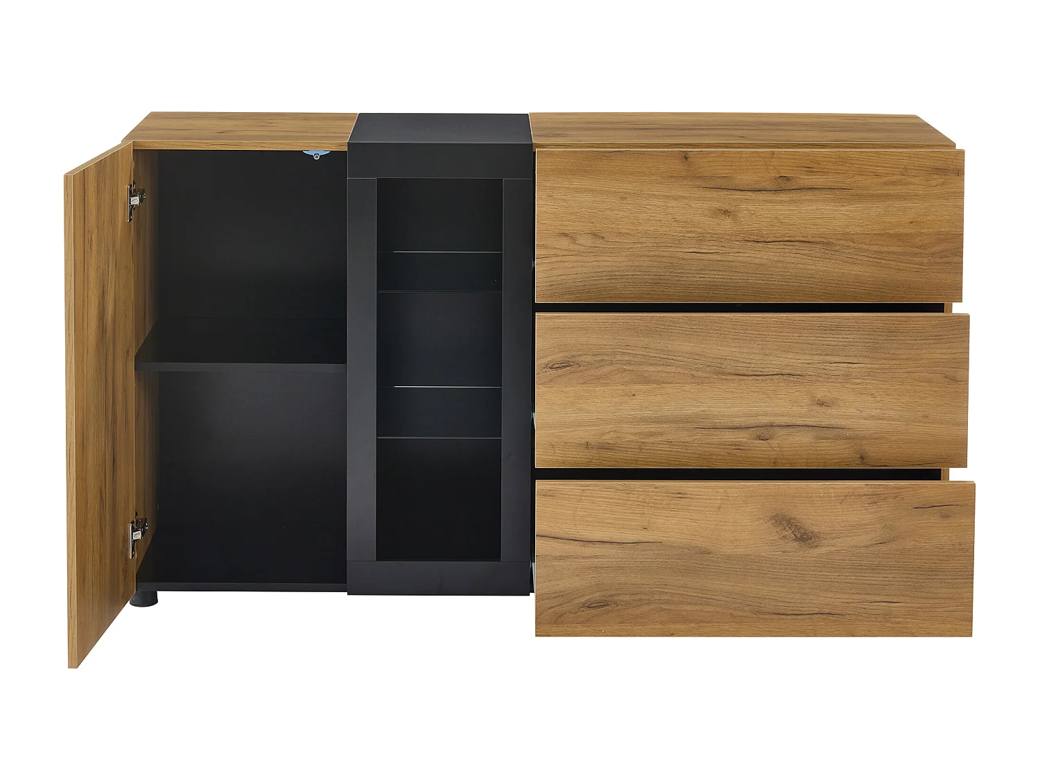 Credenza da cucina 140x40x80cm con 3 cassetti, 1 anta e 3 ripiani in vetro, LED incluso, corpo in impiallacciato effetto legno naturale e nero