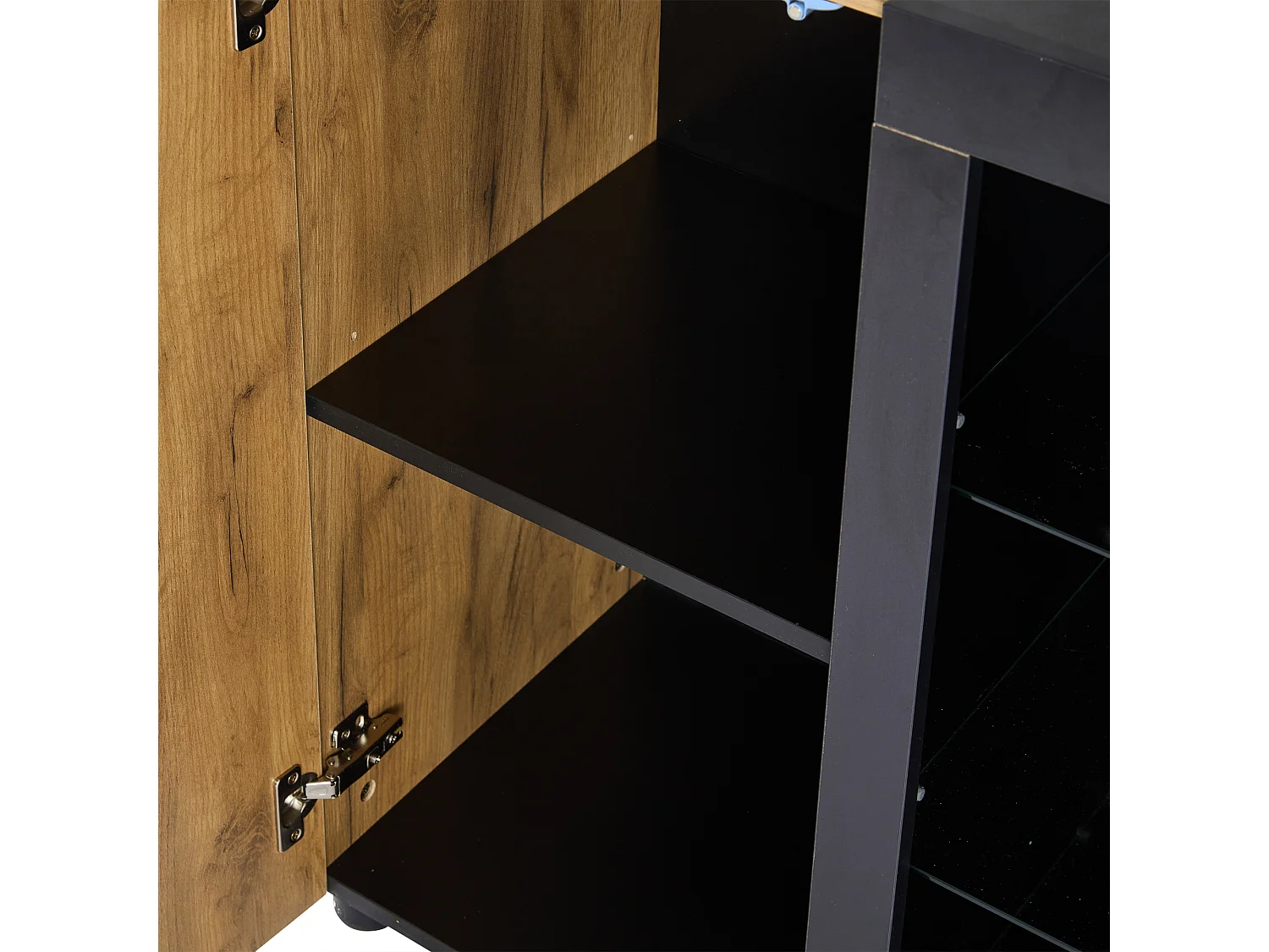 Credenza da cucina 140x40x80cm con 3 cassetti, 1 anta e 3 ripiani in vetro, LED incluso, corpo in impiallacciato effetto legno naturale e nero