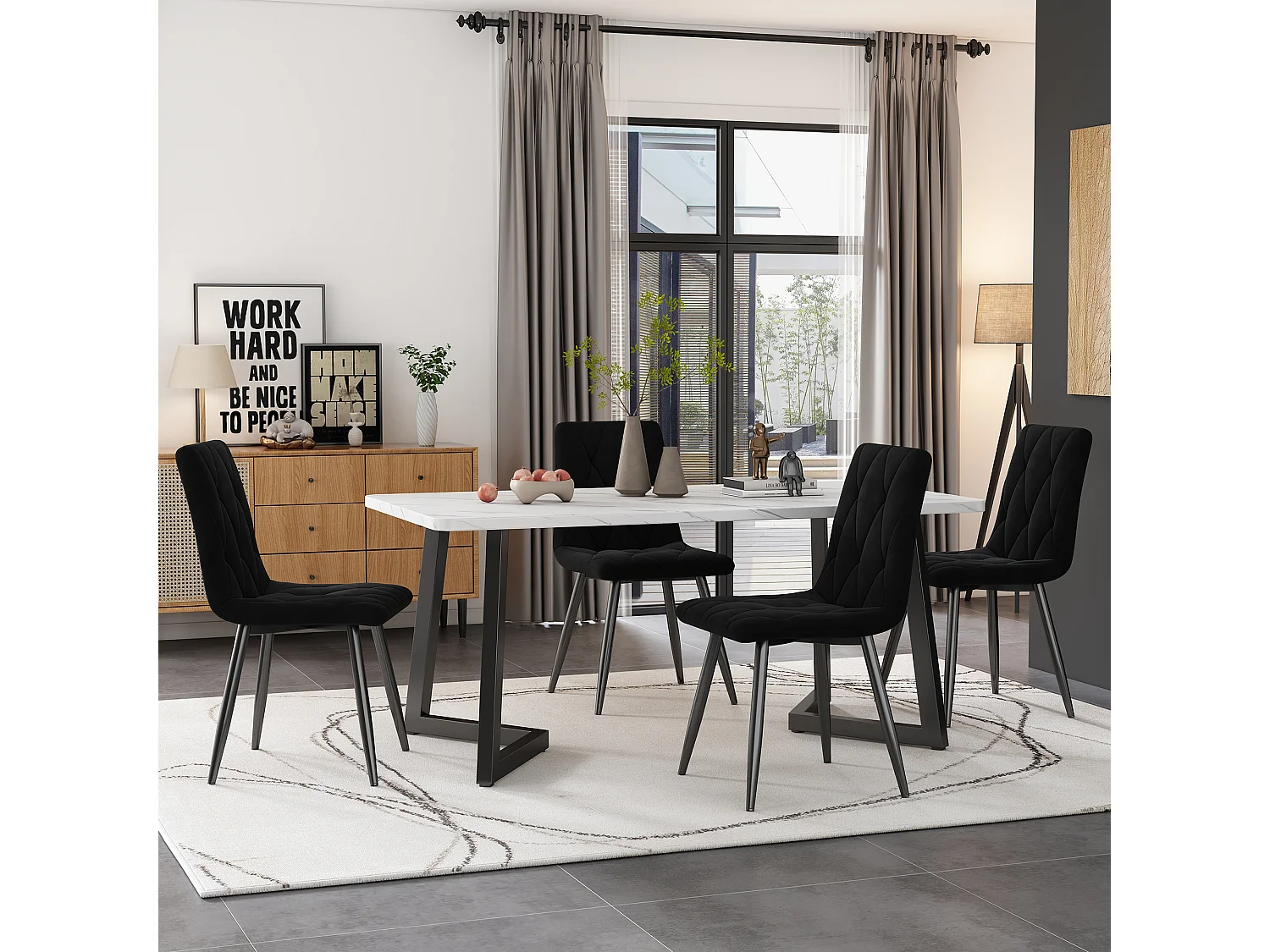 Set di 4 sedie da cucina in velluto twill nero con gambe in metallo nero
