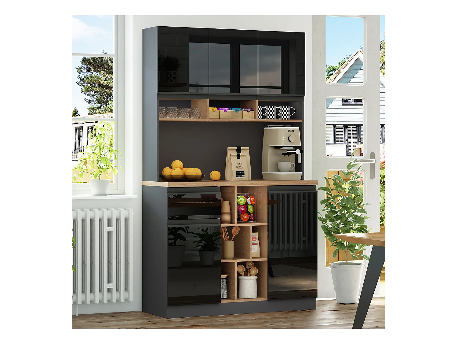 Buffet de cuisine 105x48x185cm avec 5 portes, 1 tiroir et niches, noir et naturel