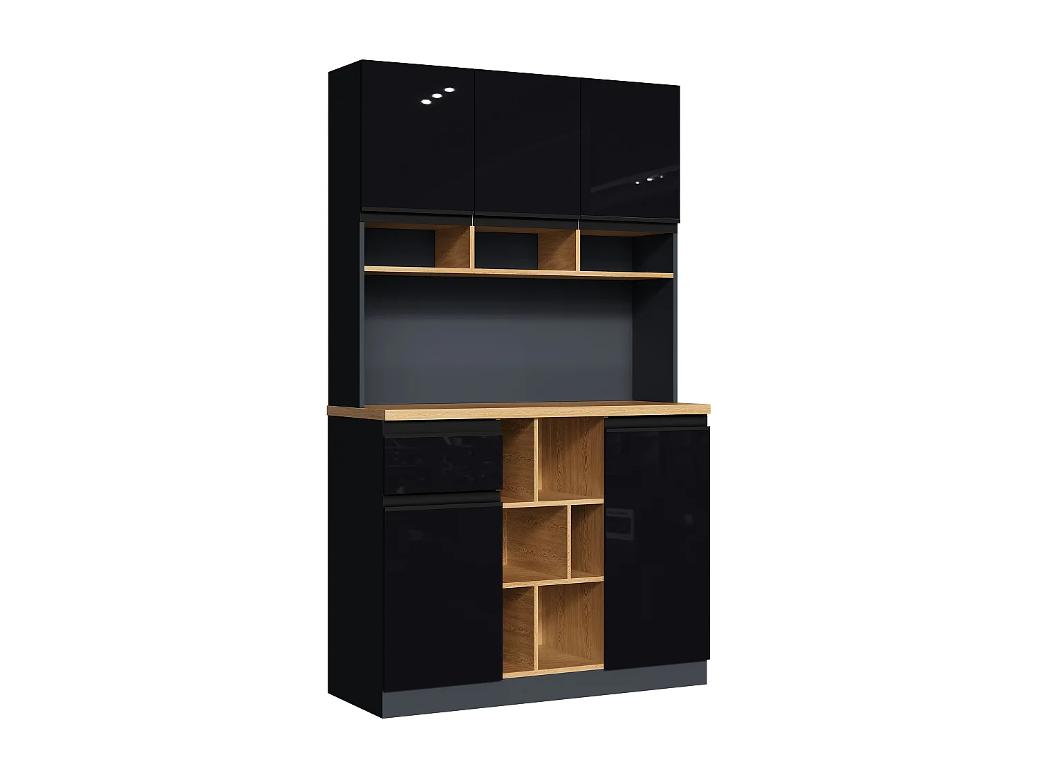 Buffet de cuisine 105x48x185cm avec 5 portes, 1 tiroir et niches, noir et naturel