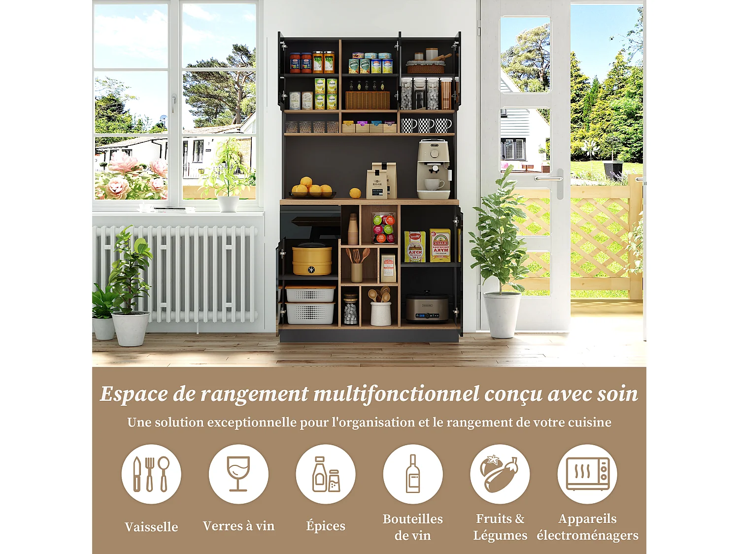 Buffet de cuisine 105x48x185cm avec 5 portes, 1 tiroir et niches, noir et naturel