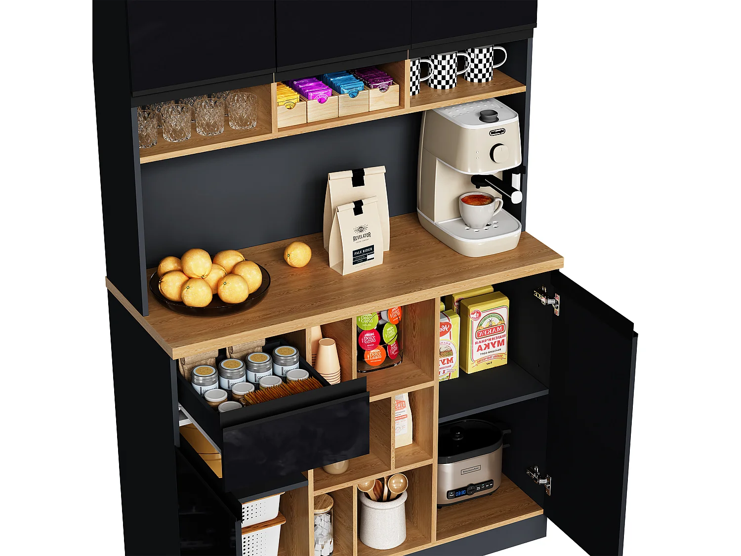 Buffet de cuisine 105x48x185cm avec 5 portes, 1 tiroir et niches, noir et naturel