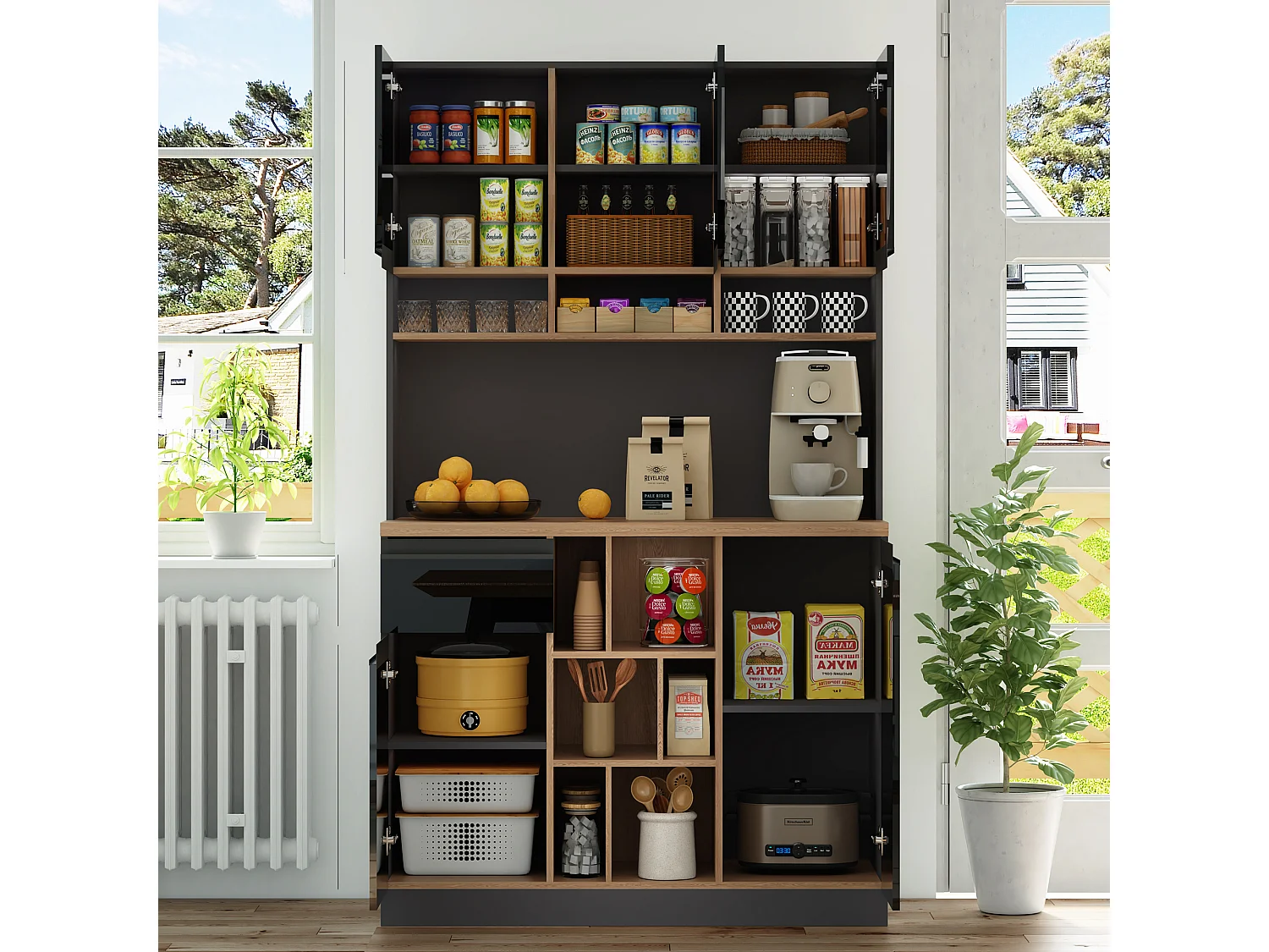 Aparador de cocina 105x48x185cm con 5 puertas, 1 cajón y nichos, color negro y natural