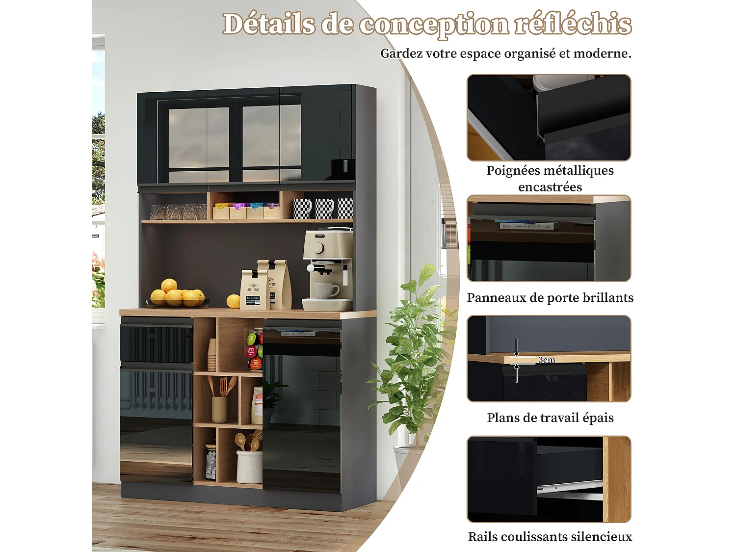 Aparador de cocina 105x48x185cm con 5 puertas, 1 cajón y nichos, color negro y natural