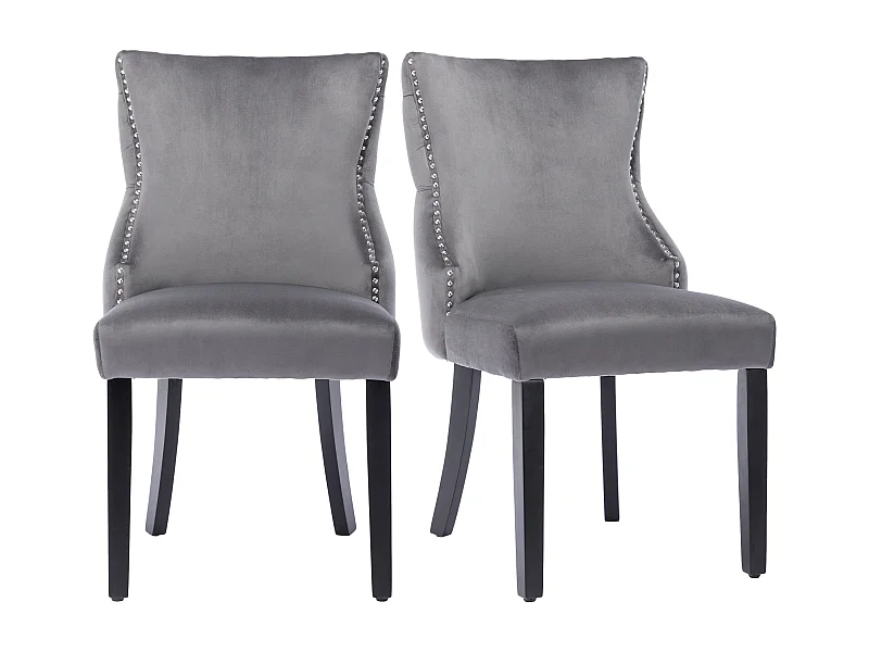 Lot de 2 chaises en velours gris avec pieds en bois gris, boutons décoratifs et rivets argentés
