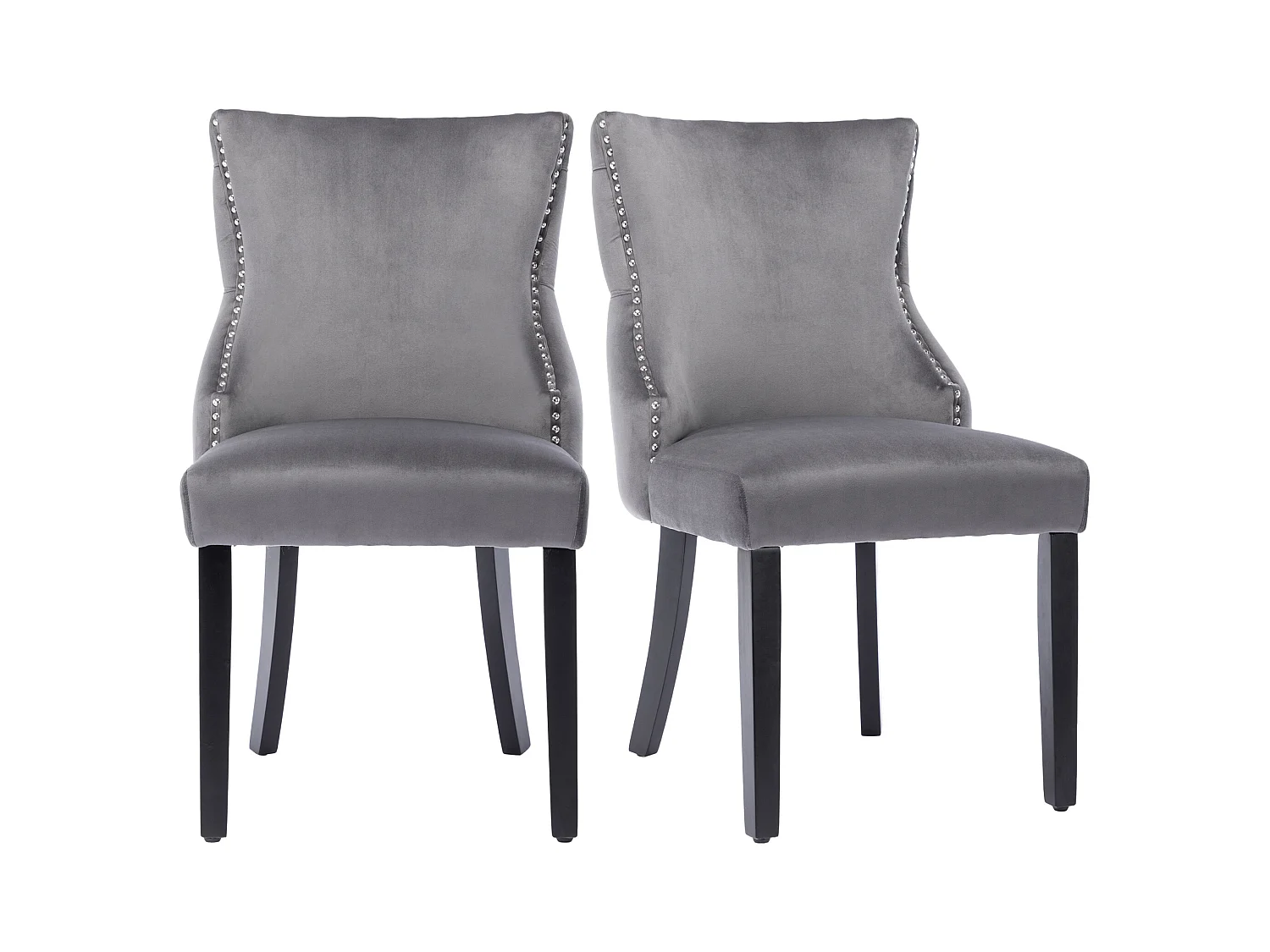 Lot de 2 chaises en velours gris avec pieds en bois gris, boutons décoratifs et rivets argentés