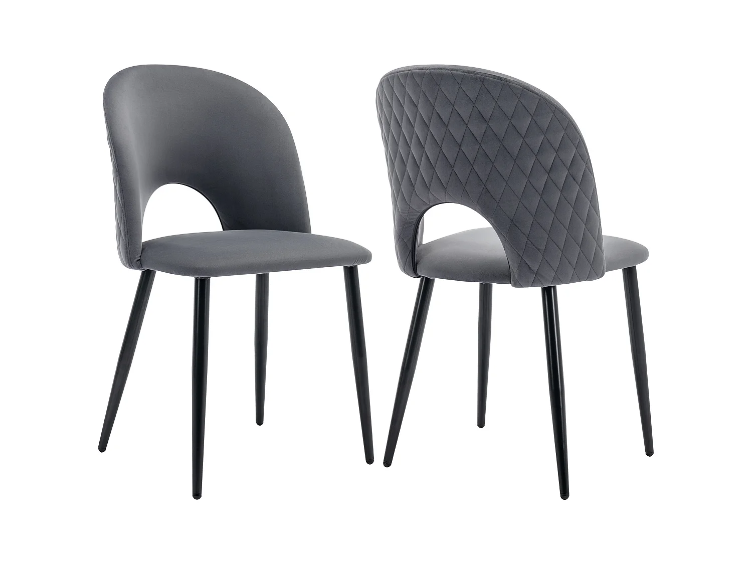Lot de 2 chaises de cuisine en velours gris avec dossier ajouré, pieds en métal noir