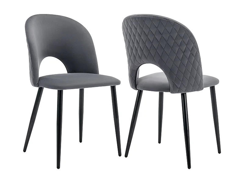Lot de 2 chaises de cuisine en velours gris avec dossier ajouré, pieds en métal noir