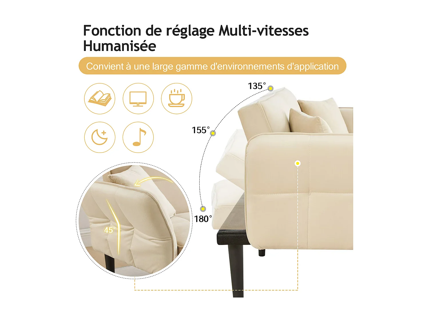 Sofá cama recto de 2 plazas en terciopelo beige con patas de madera negras, respaldo abatible - 176x78x76cm