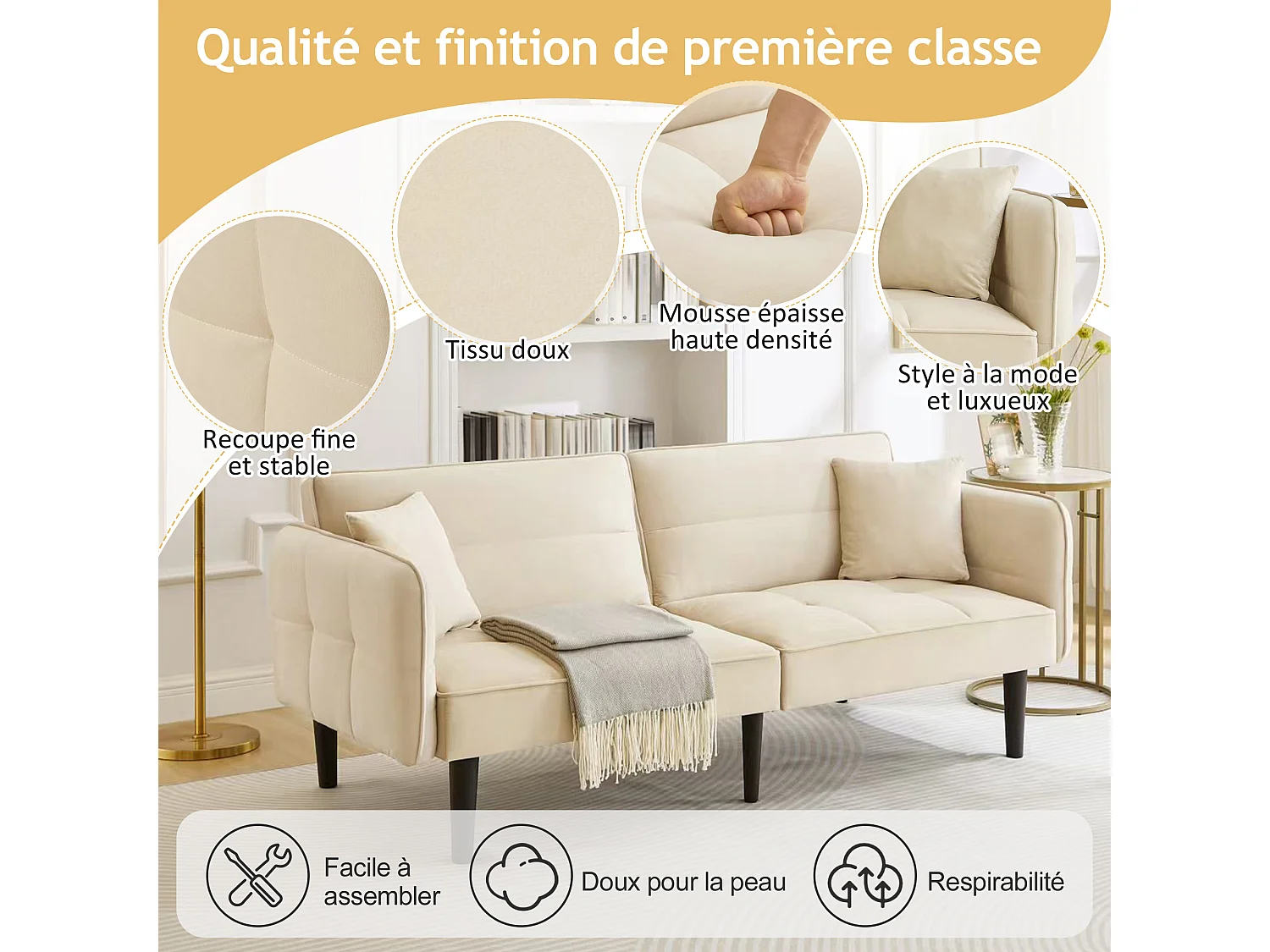 Sofá cama recto de 2 plazas en terciopelo beige con patas de madera negras, respaldo abatible - 176x78x76cm