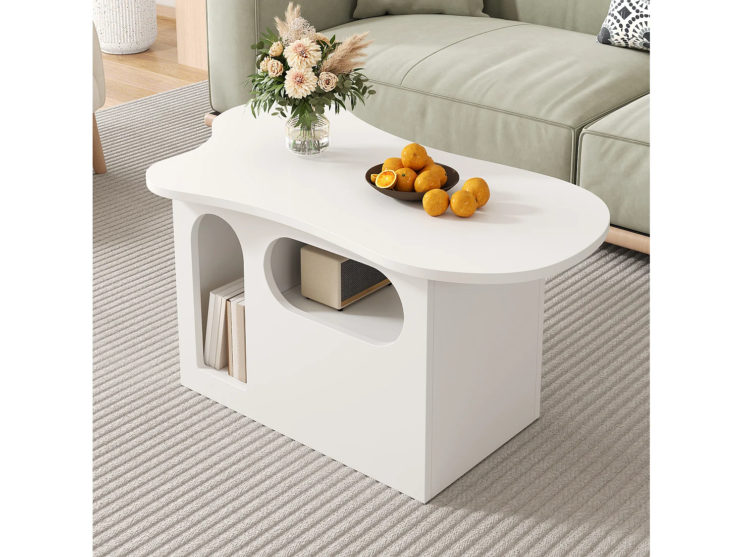 Table basse 97x45x43.5cm avec plateau en forme de nuage, space de rangement ouvert, blanc