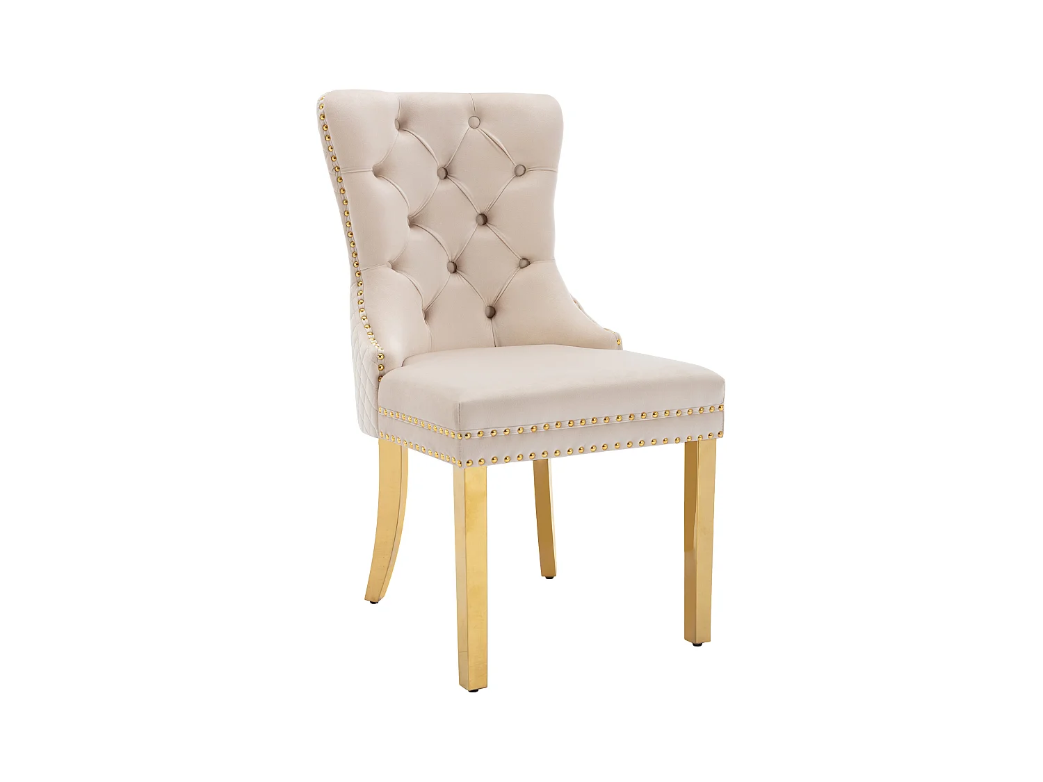 Set van 2 beige fluwelen keukenstoelen, goudkleurig metalen frame