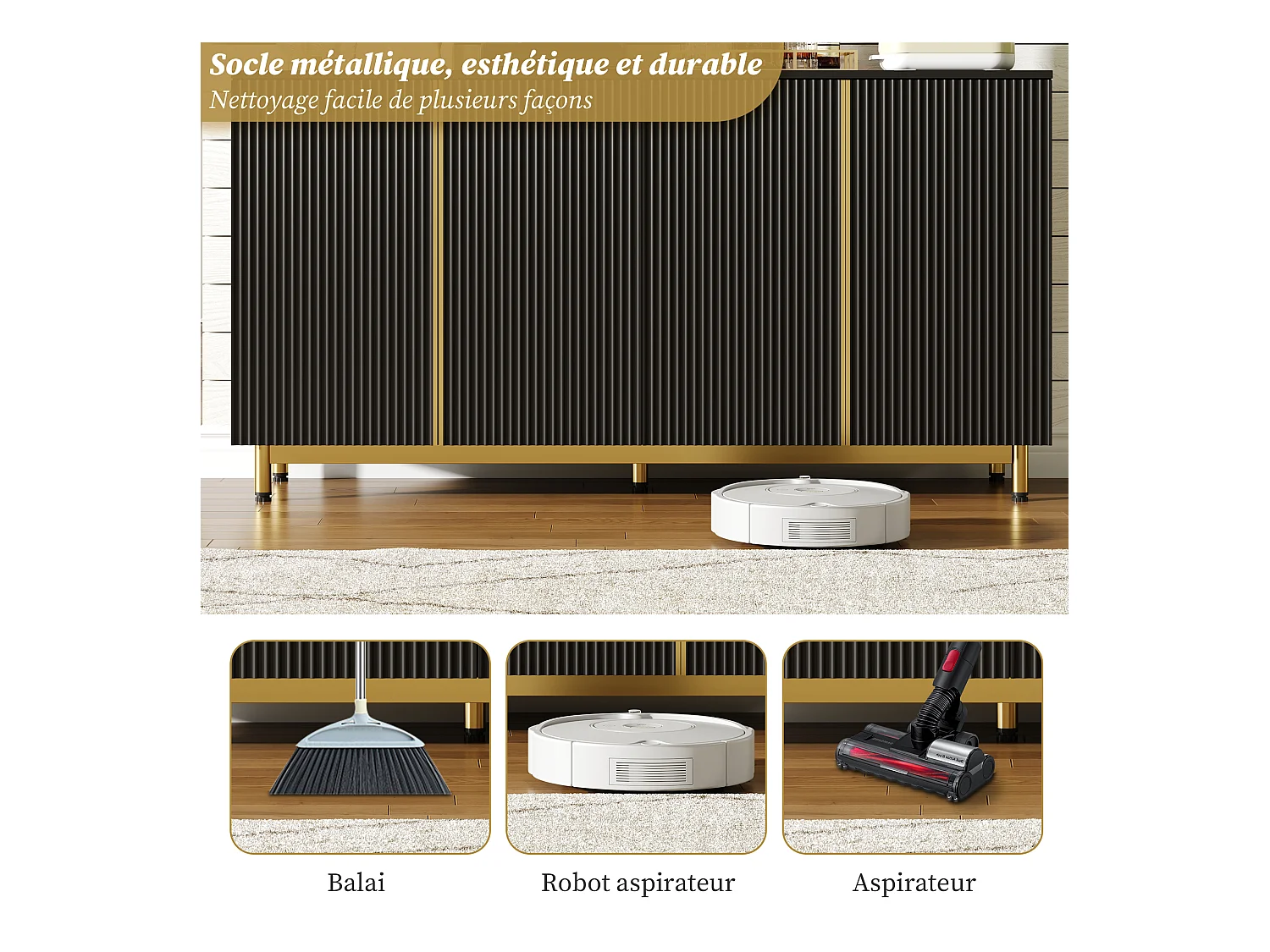 Credenza da cucina 150x41,5x80cm con 4 ante, corpo nero con dettagli oro