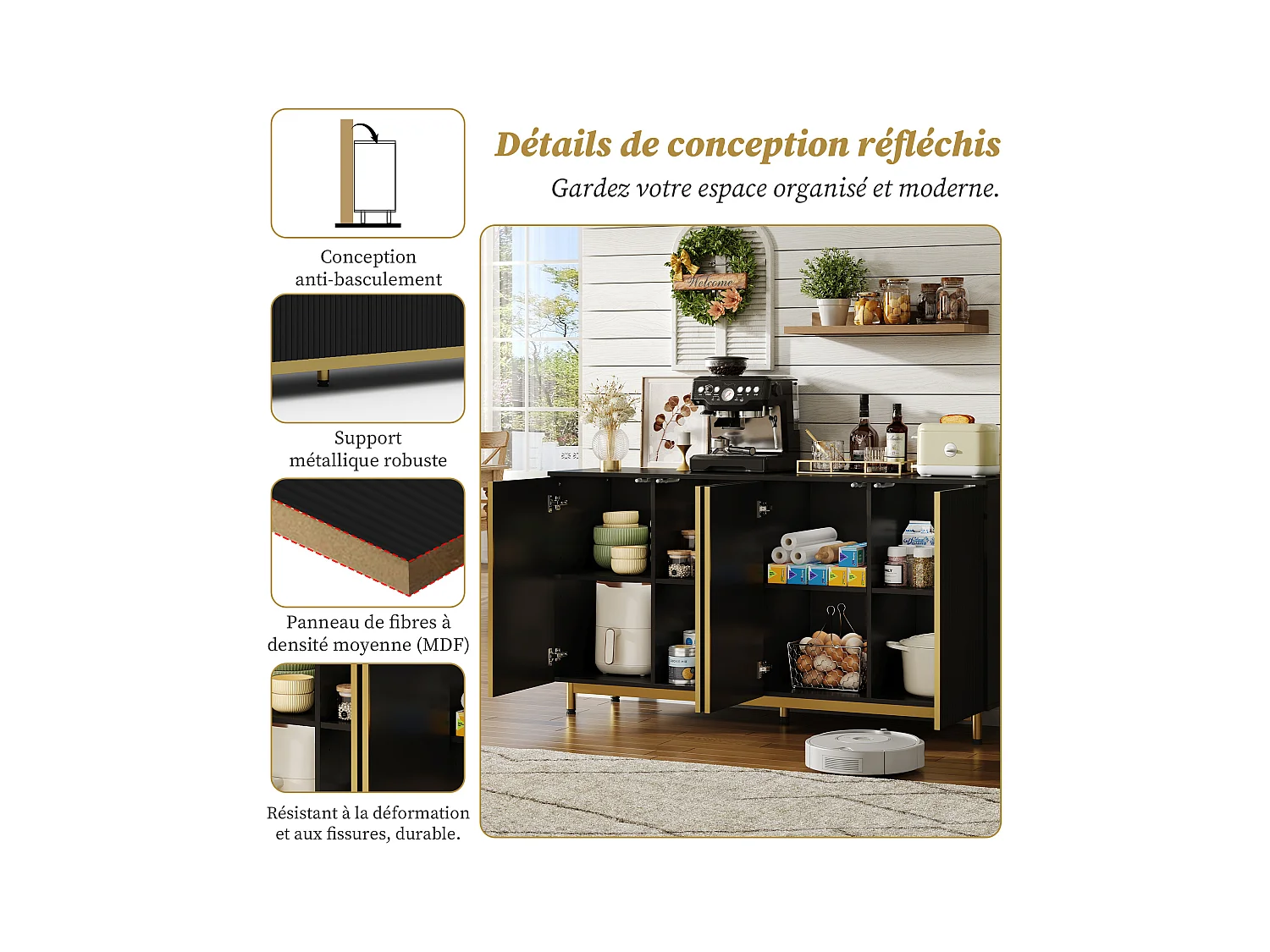 Credenza da cucina 150x41,5x80cm con 4 ante, corpo nero con dettagli oro