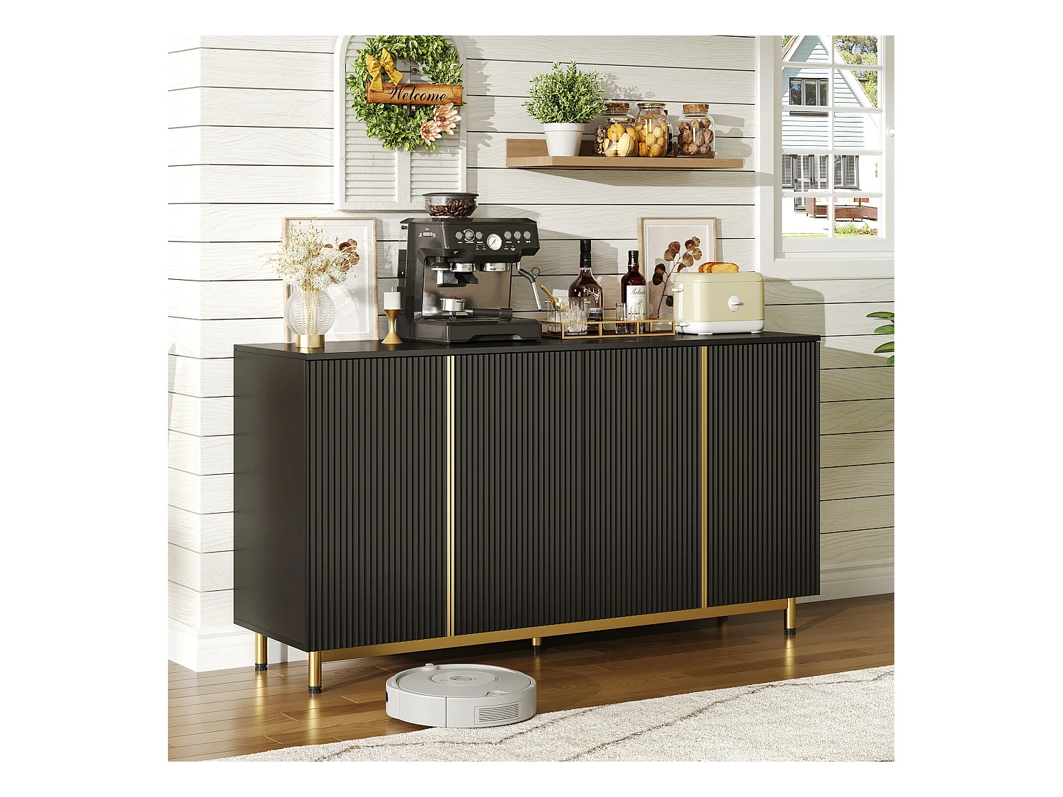 Buffet de cuisine 150x41.5x80cm avec 4 portes,corps noir avec les détails doré
