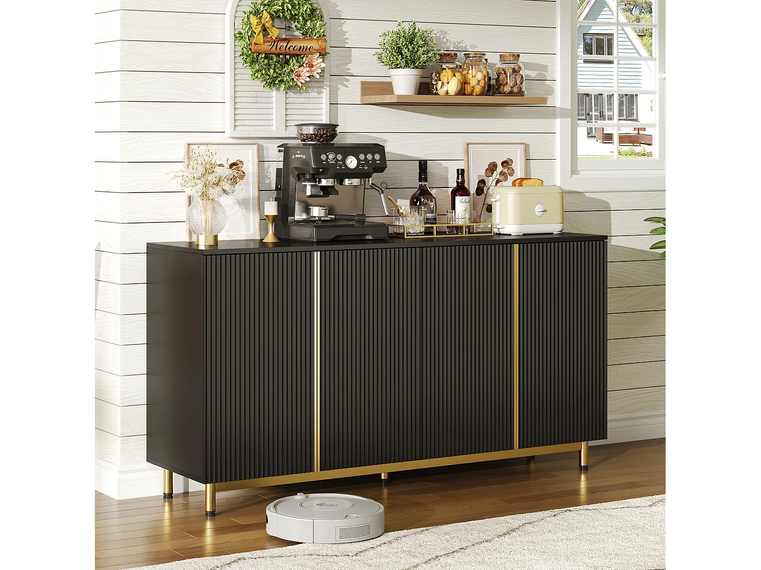 Buffet de cuisine 150x41.5x80cm avec 4 portes,corps noir avec les détails doré