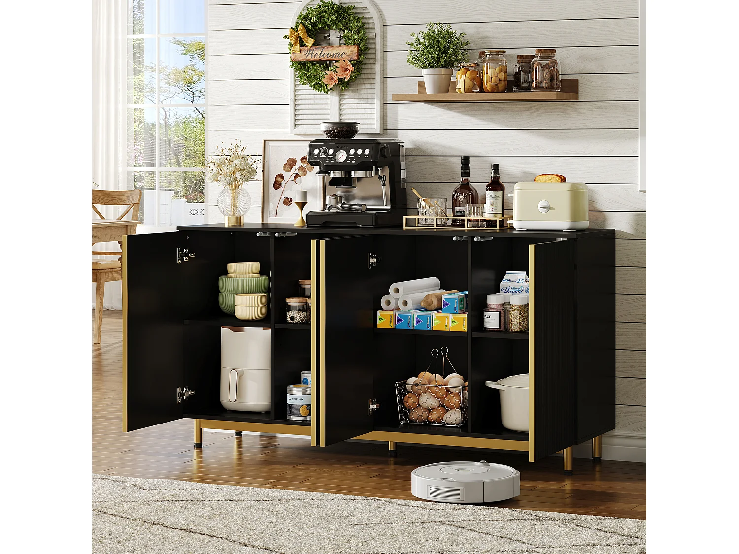 Buffet de cuisine 150x41.5x80cm avec 4 portes,corps noir avec les détails doré