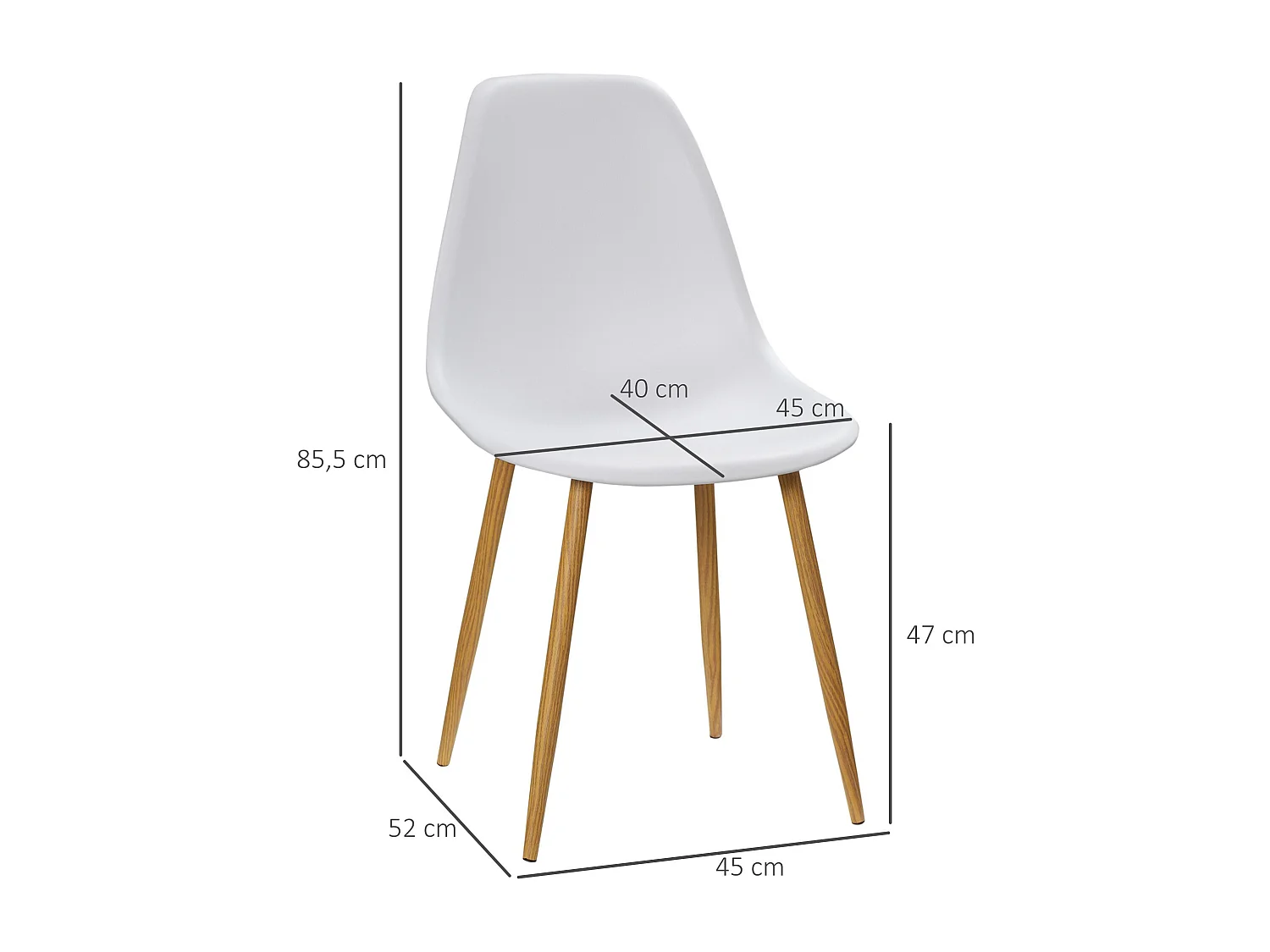 Lot de 4 chaises de cuisine blanc, pieds métal en placage woodgrain