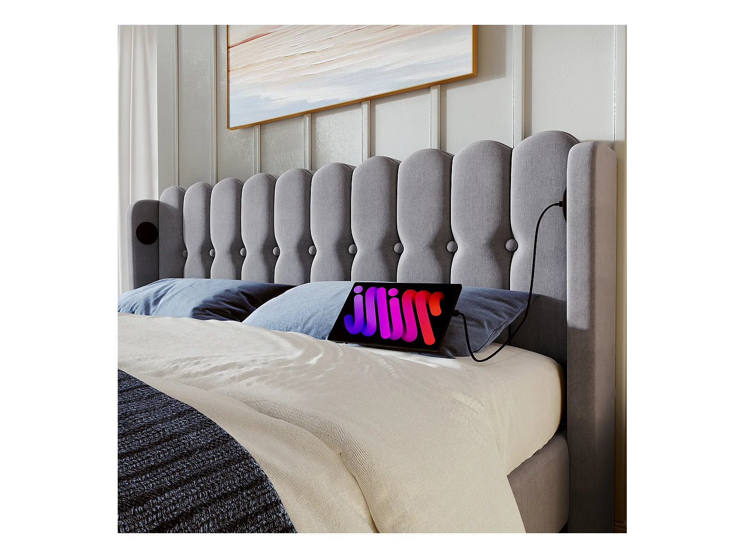 Volwassen bed 140x200cm met opengewerkt hoofdeinde, grijze linnen stof, met USB, lattenbodem, met matras