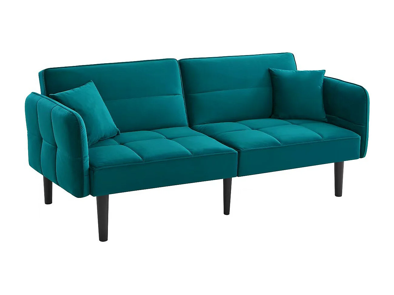 2-zits rechte slaapbank in groen fluweel met zwarte houten poten, neerklapbare rugleuning - 176x78x76cm