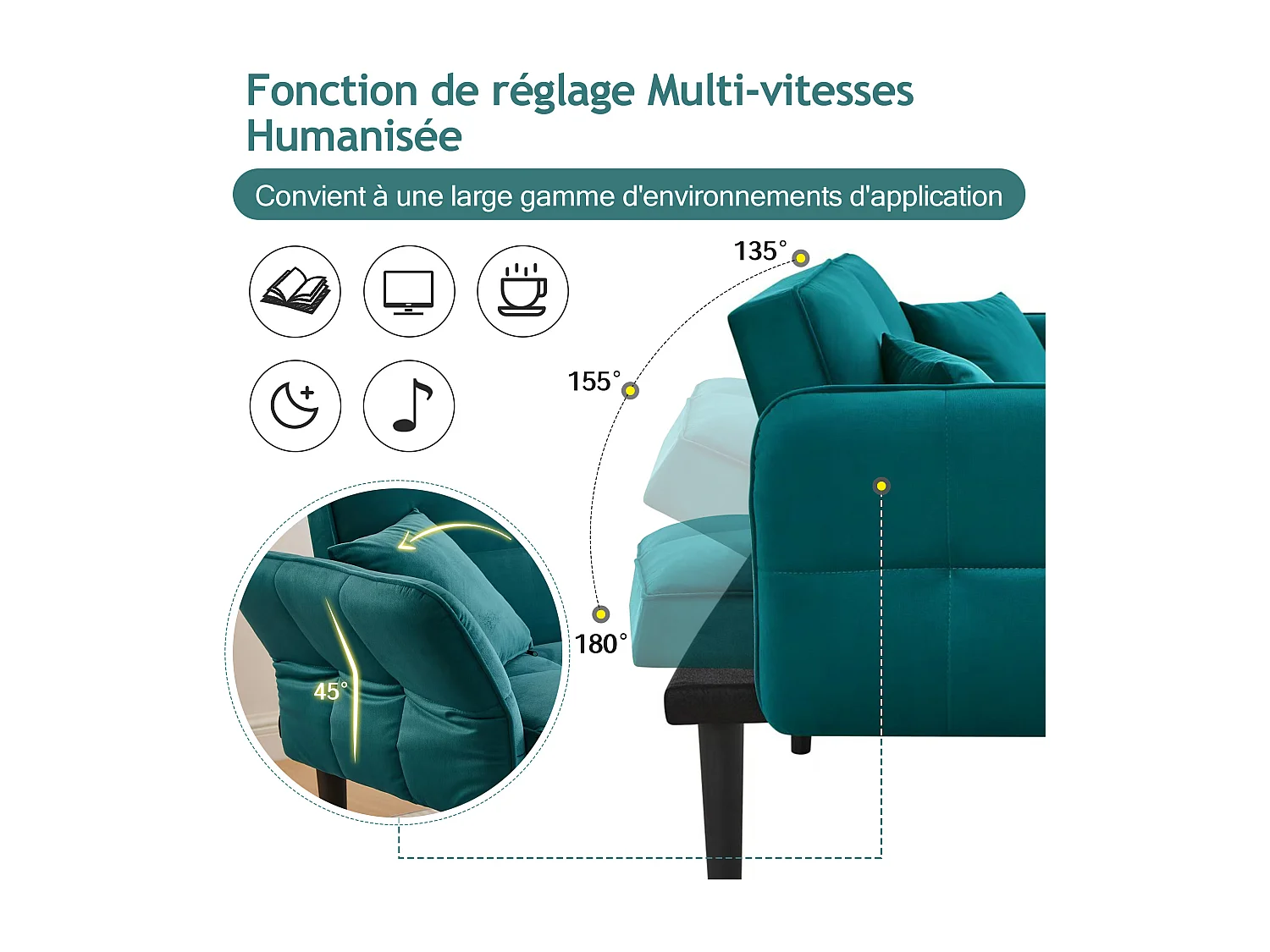 2-zits rechte slaapbank in groen fluweel met zwarte houten poten, neerklapbare rugleuning - 176x78x76cm